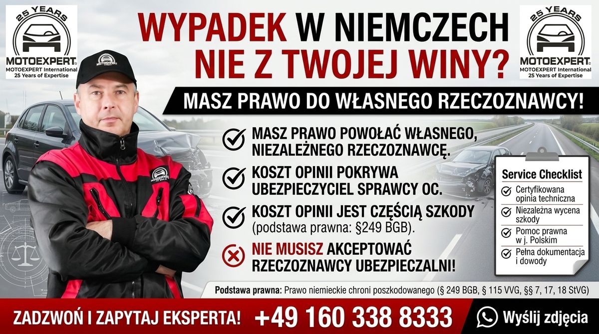 Wypadek w Niemczech nie z Twojej winy? Masz prawo do własnego rzeczoznawcy — koszt opinii pokrywa ubezpieczyciel OC sprawcy (§249 BGB) — MOTOEXPERT